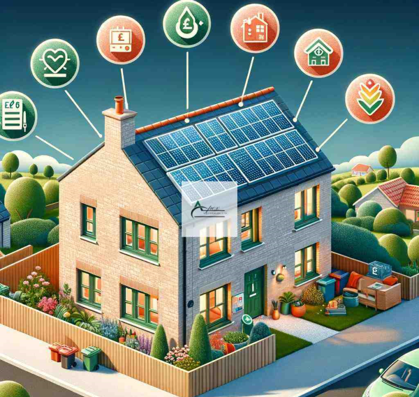 An informative and visually engaging image representing the ECO4 Scheme in the UK. The image should depict a modern UK home, showing visible energy