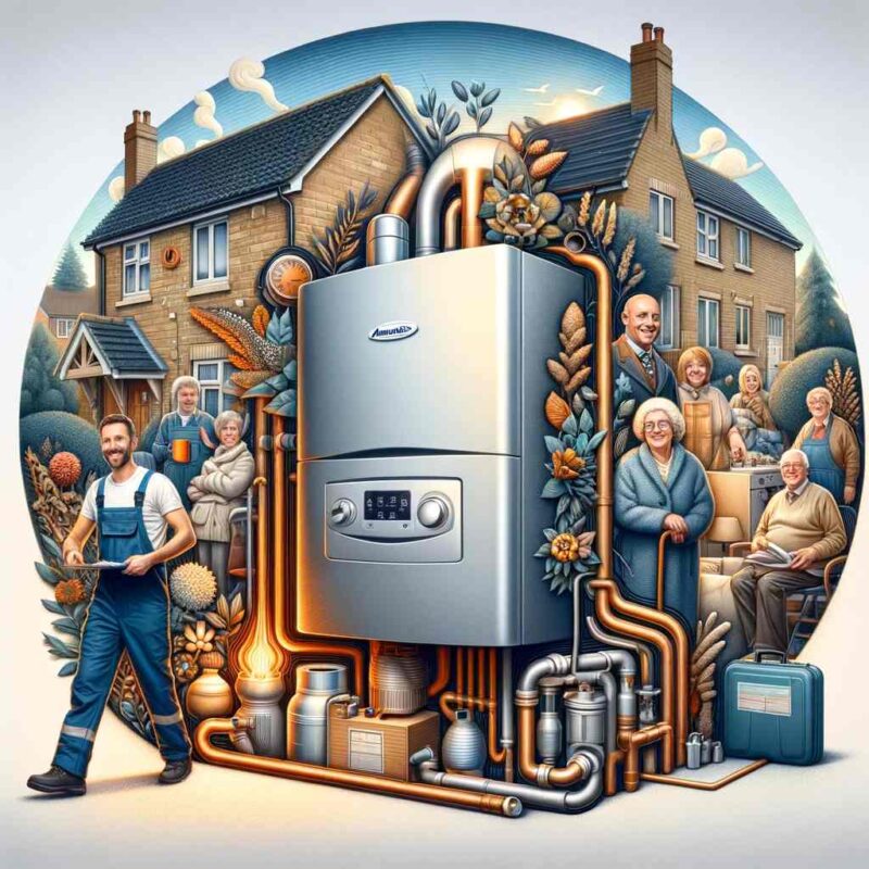 A beautiful, comprehensive illustration showcasing the overall process of obtaining a free boiler in the United Kingdom.