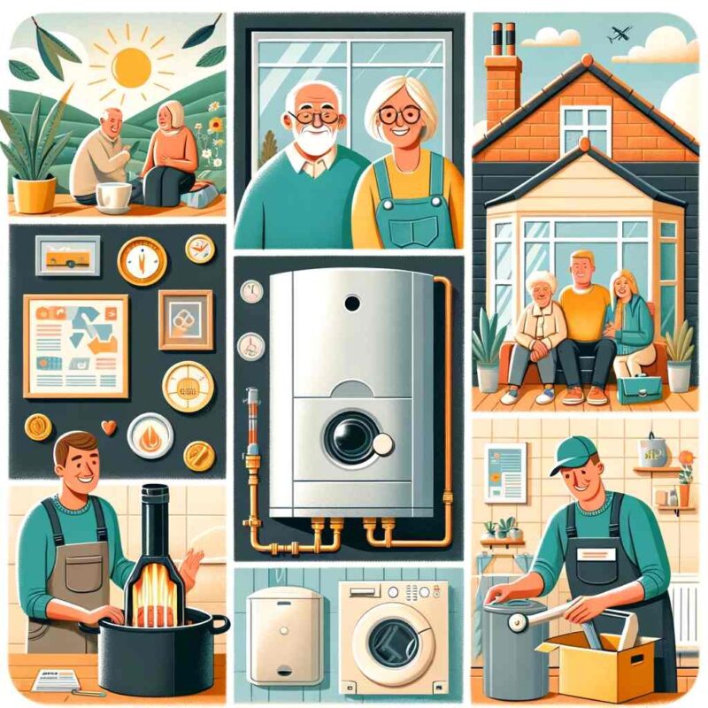 An illustration depicting various elements related to getting a free boiler in the United Kingdom.