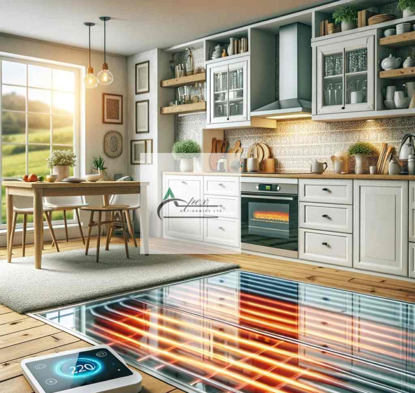 Apex nationwide ltd- A bright and inviting kitchen with underfloor heating elements visible beneath a transparent floor, demonstrating the integration of modern heating