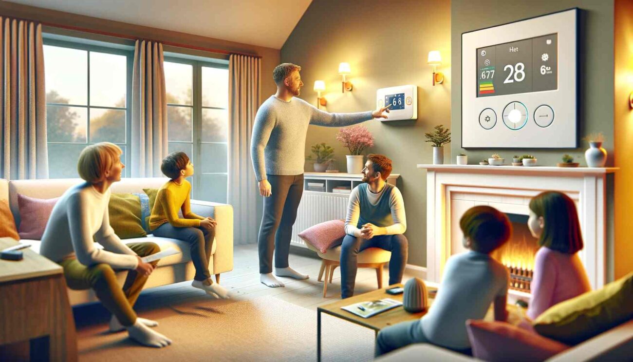 family in a living room learning about the functions of a smart thermostat