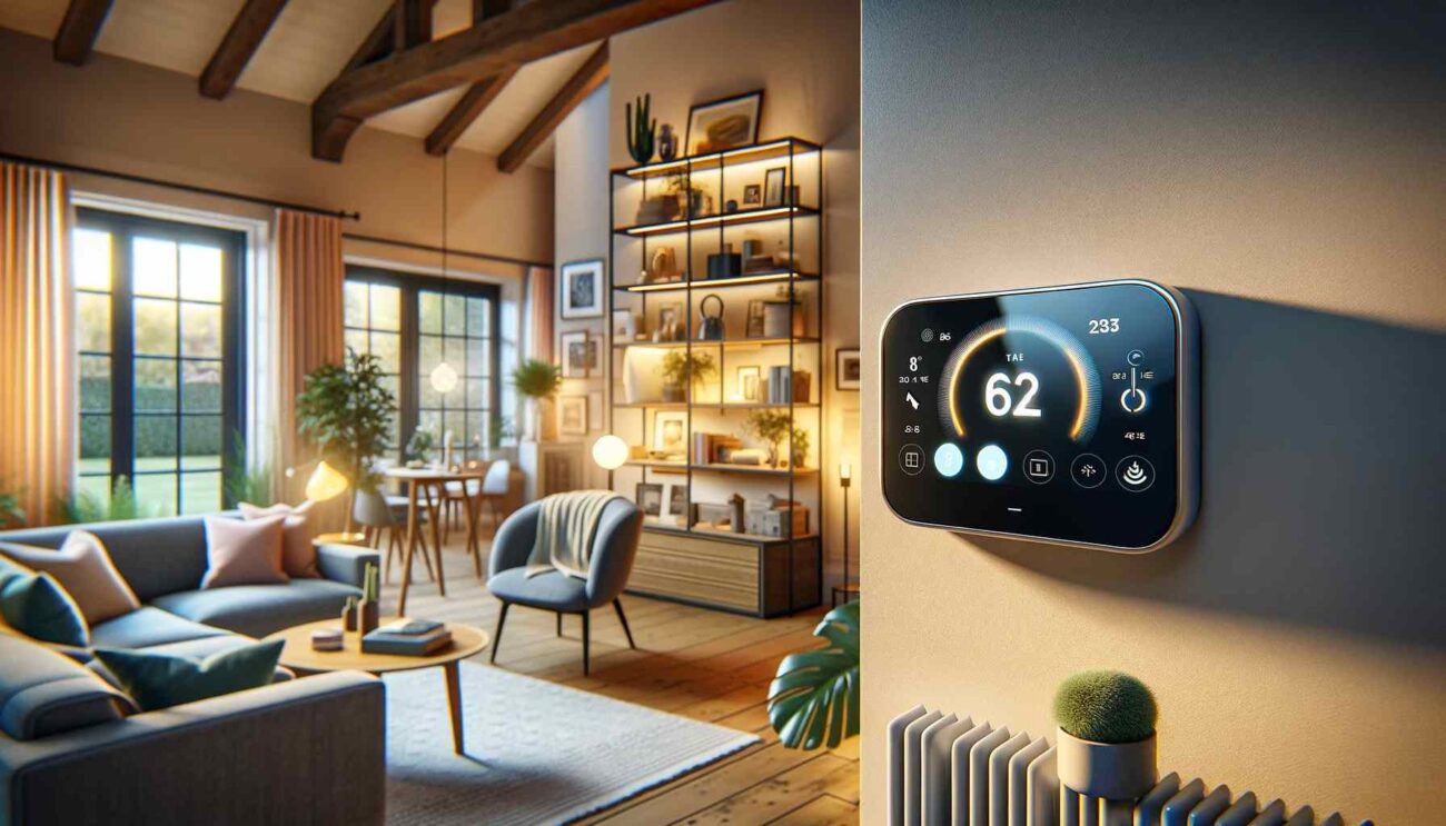 modern and efficient aspects of the thermostat within a contemporary living space