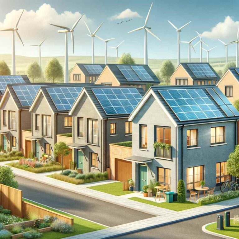 modern houses with solar panels and wind turbines